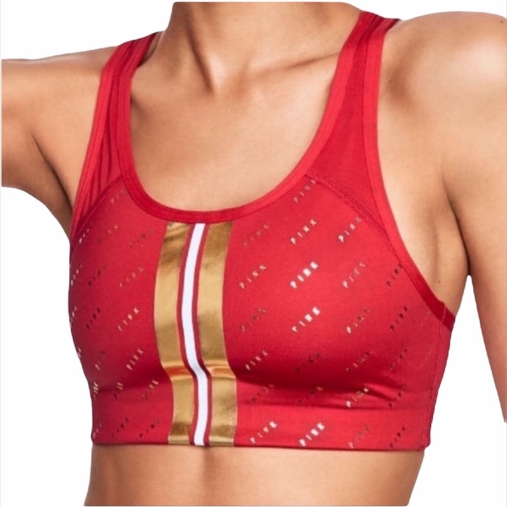Pink By Victoria Secret Ultimate Red Gold Logo Stripe Racer Back Sports Bra L